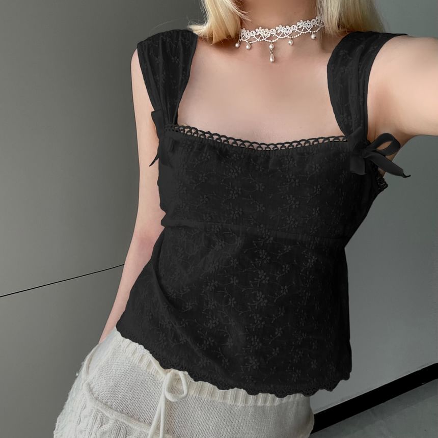 Square-Neck Ribbon Floral Embroidered Crop Tank Top