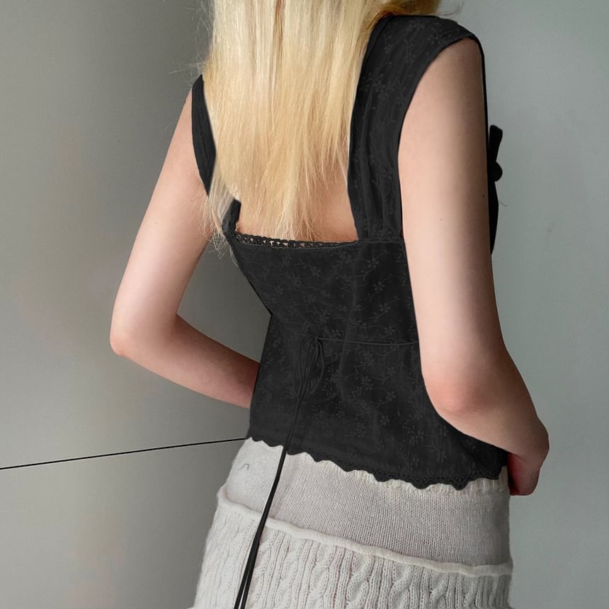 Square-Neck Ribbon Floral Embroidered Crop Tank Top