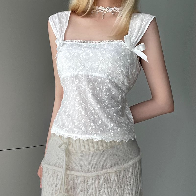 Square-Neck Ribbon Floral Embroidered Crop Tank Top