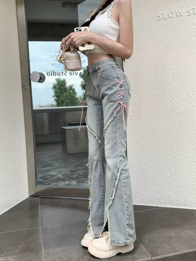 High Rise Washed Lace Up Slit Fray Flared Jeans