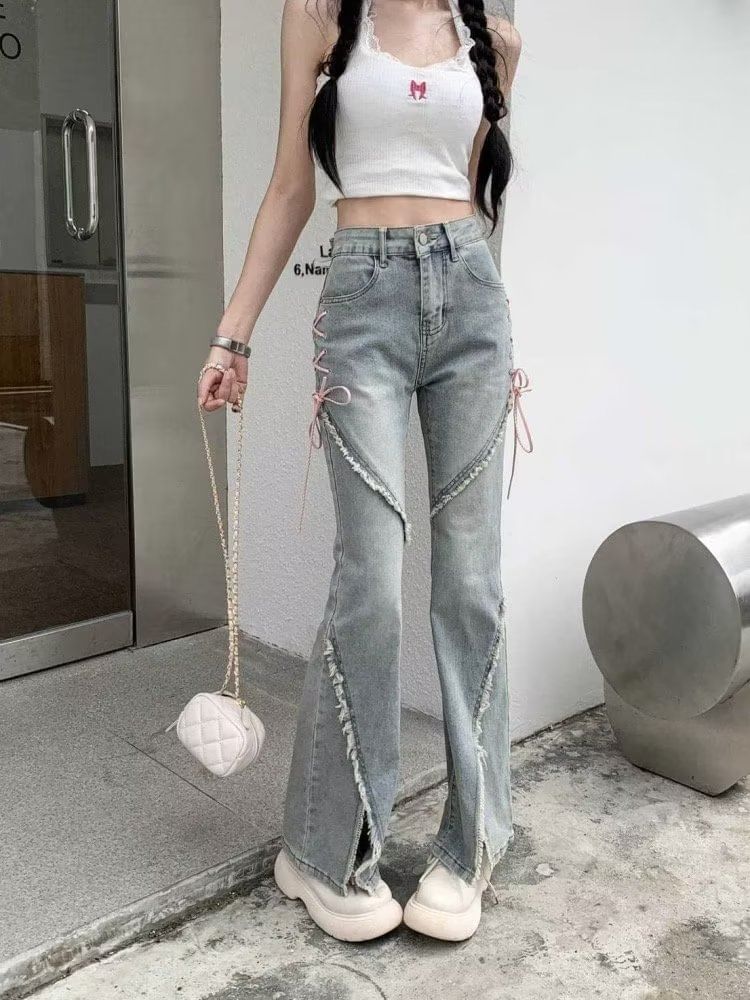 High Rise Washed Lace Up Slit Fray Flared Jeans