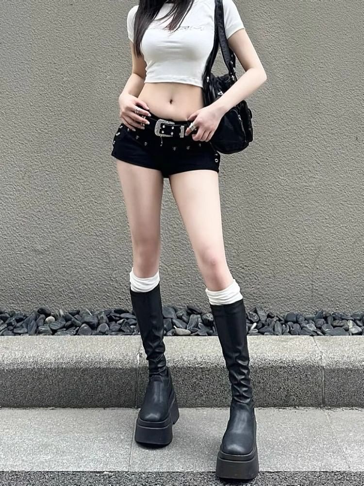Low Rise Studded Denim Hot Pants