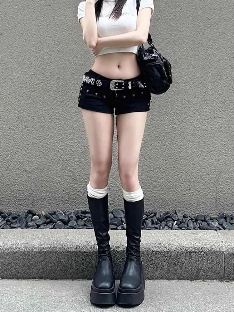 Low Rise Studded Denim Hot Pants