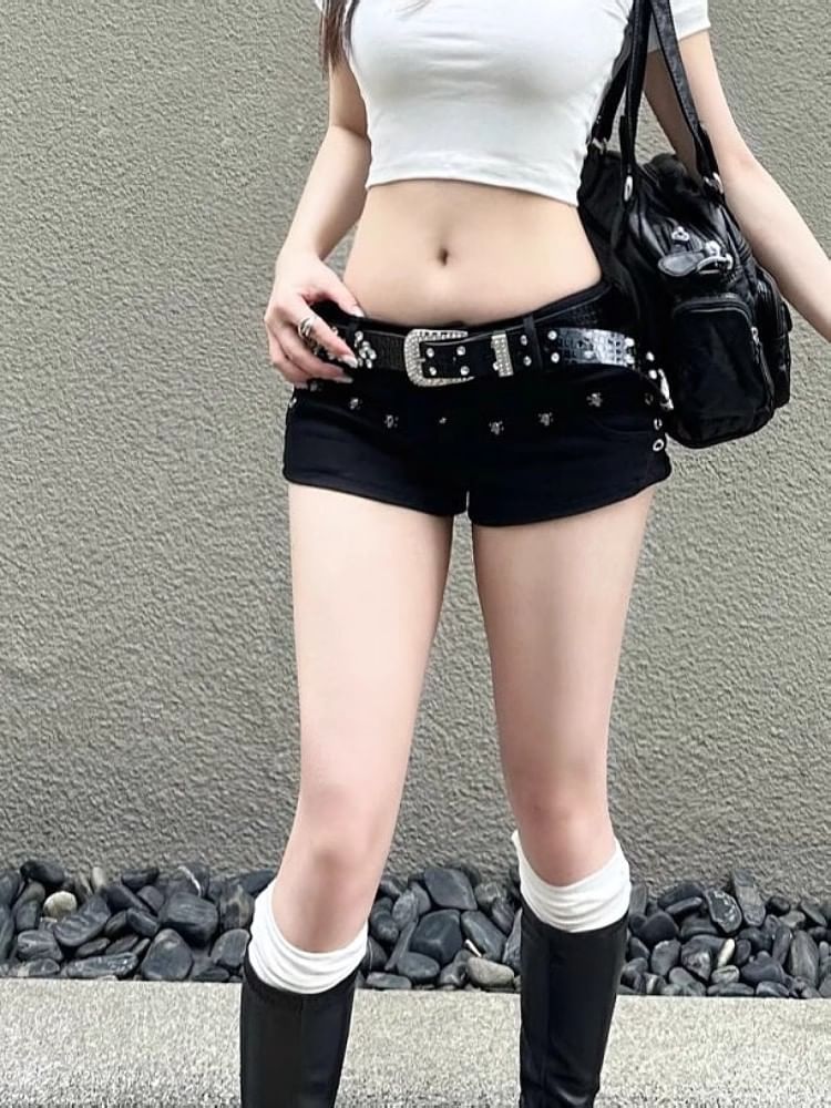 Low Rise Studded Denim Hot Pants