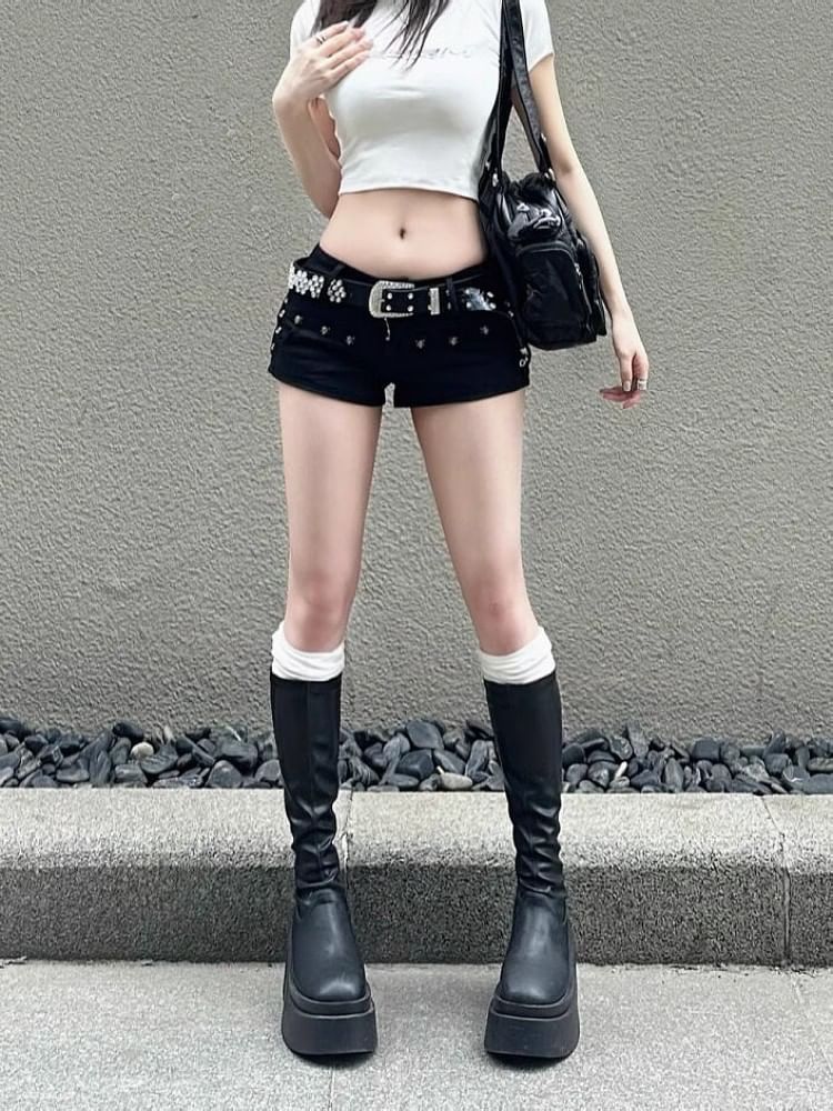 Low Rise Studded Denim Hot Pants