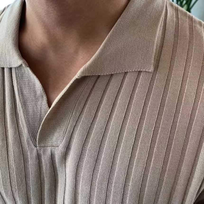 Short Sleeve V-Neck Plain Ribbed Knit Polo Top
