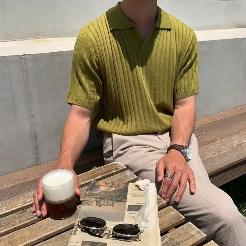 Short Sleeve V-Neck Plain Ribbed Knit Polo Top