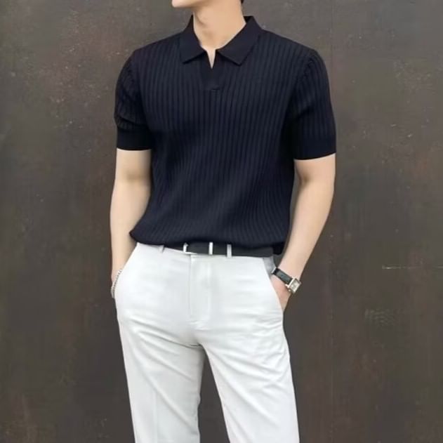 Short Sleeve V-Neck Plain Ribbed Knit Polo Top