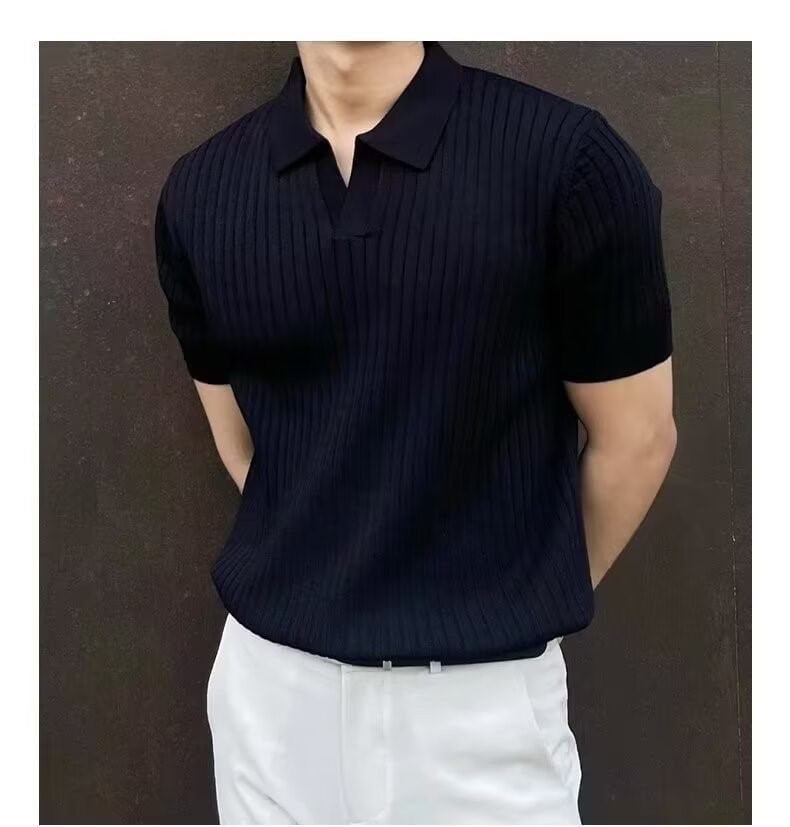 Short Sleeve V-Neck Plain Ribbed Knit Polo Top