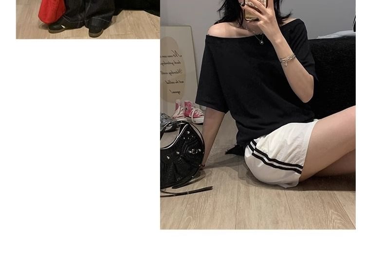 Short-Sleeve Off Shoulder Plain Top