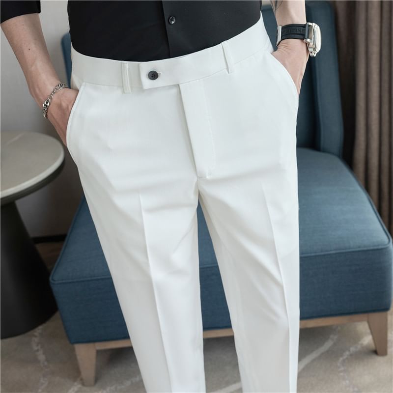 Mid Rise Plain Cropped Straight Leg Dress Pants