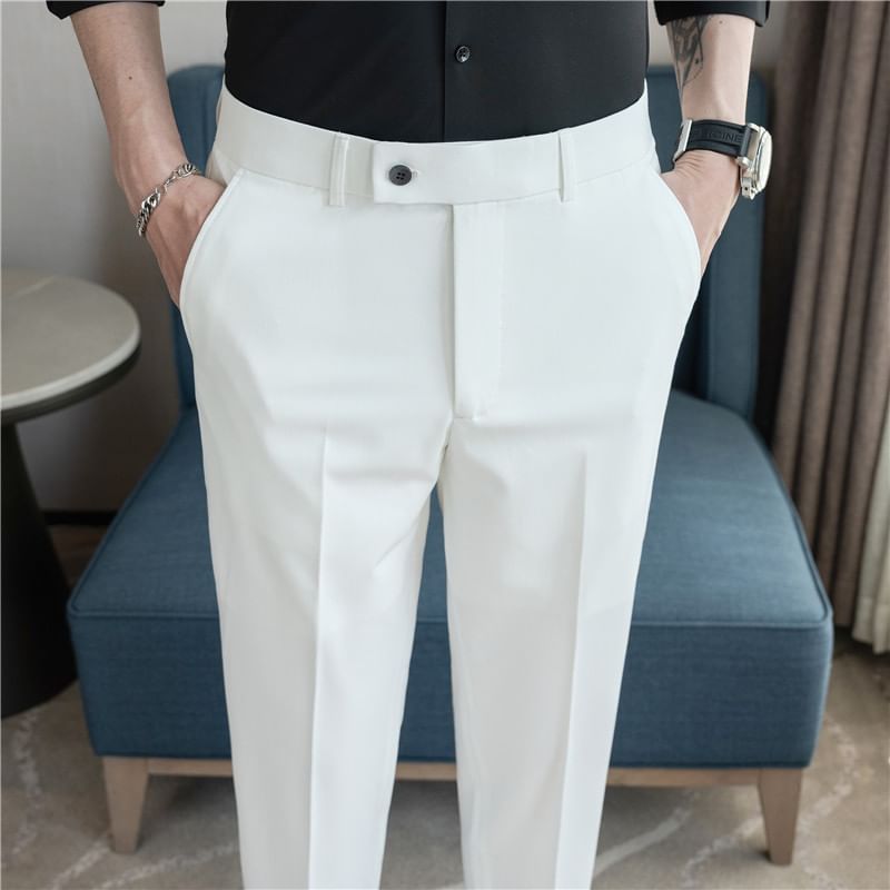 Mid Rise Plain Cropped Straight Leg Dress Pants