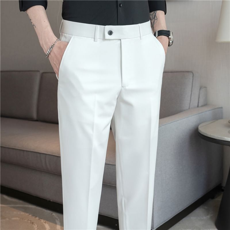 Mid Rise Plain Cropped Straight Leg Dress Pants