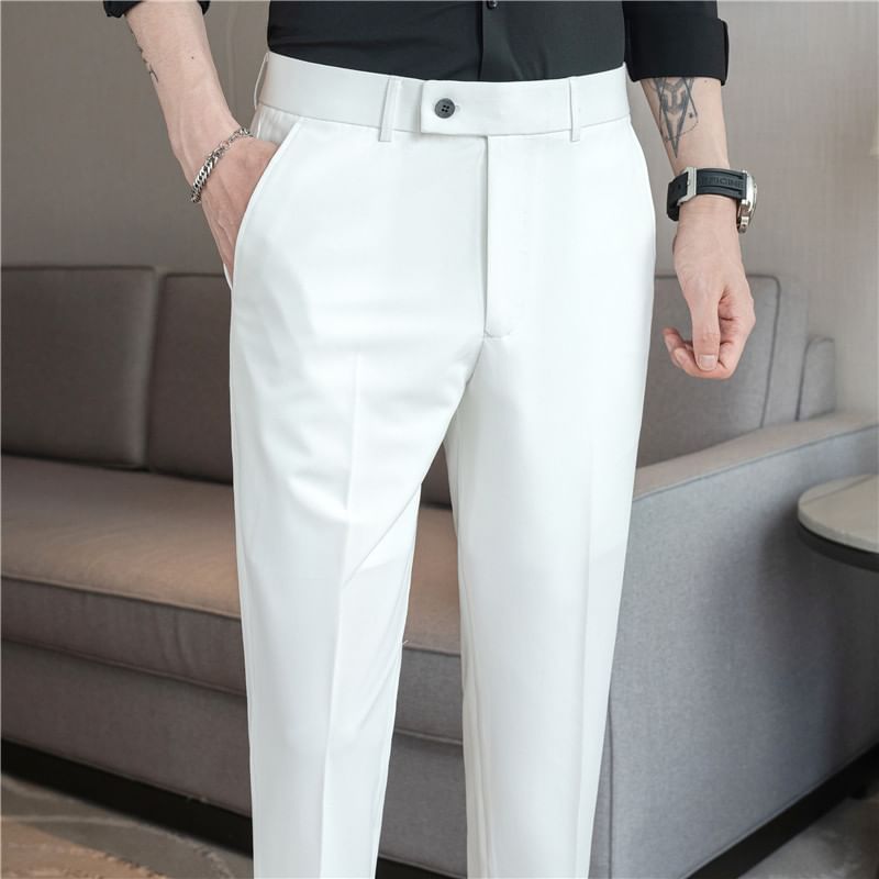 Mid Rise Plain Cropped Straight Leg Dress Pants