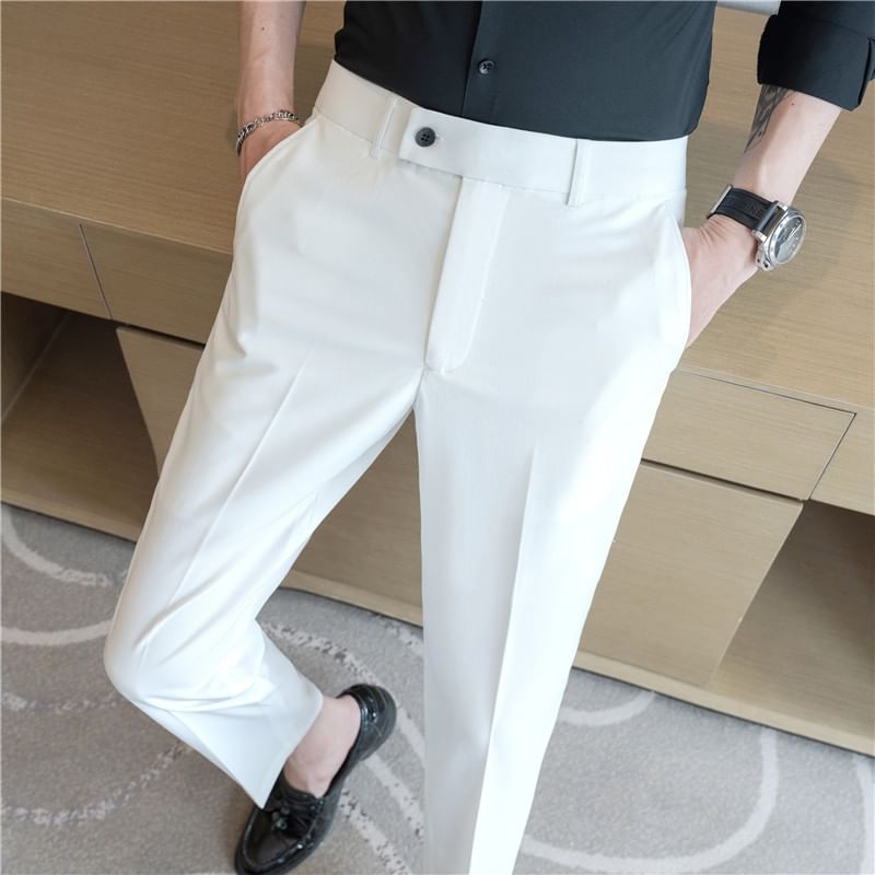 Mid Rise Plain Cropped Straight Leg Dress Pants