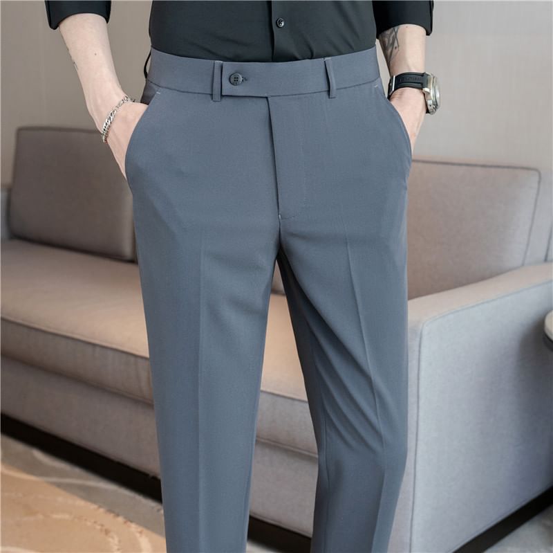 Mid Rise Plain Cropped Straight Leg Dress Pants