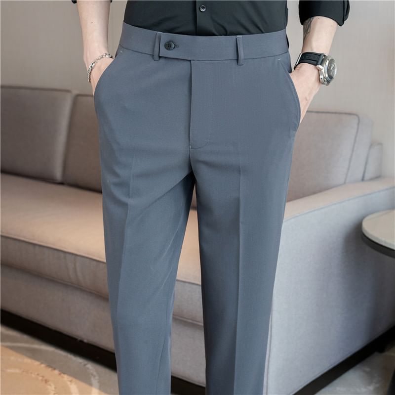 Mid Rise Plain Cropped Straight Leg Dress Pants