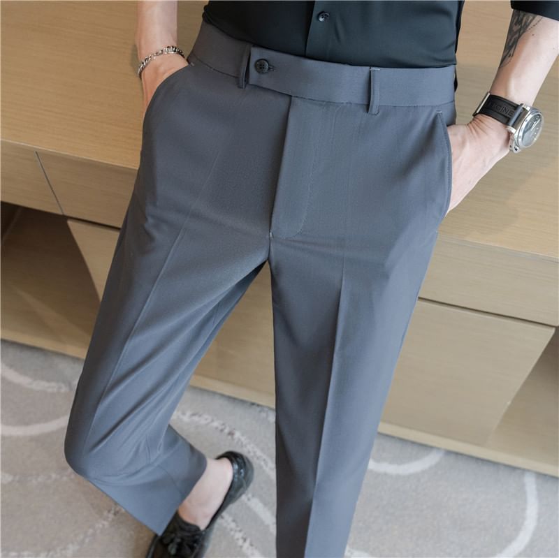 Mid Rise Plain Cropped Straight Leg Dress Pants