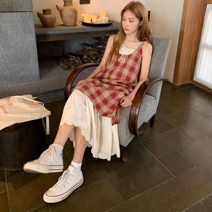 Spaghetti Strap Plaid Mock Two-Piece Maxi Sundress