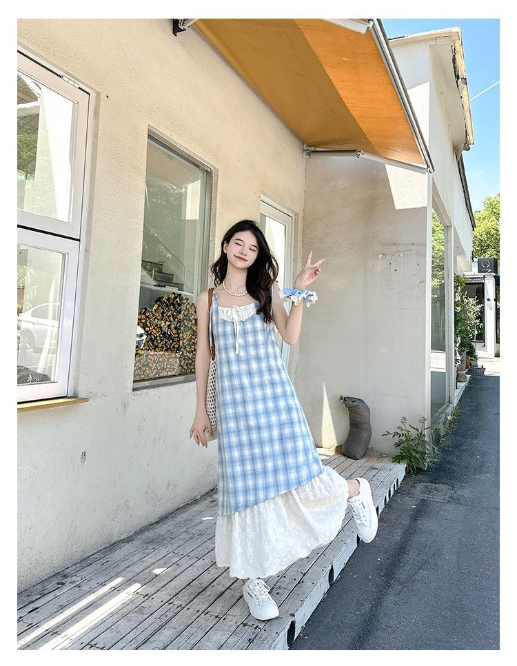 Spaghetti Strap Plaid Mock Two-Piece Maxi Sundress