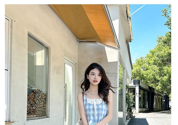 Spaghetti Strap Plaid Mock Two-Piece Maxi Sundress
