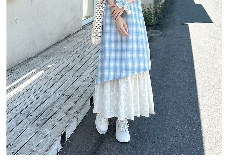 Spaghetti Strap Plaid Mock Two-Piece Maxi Sundress
