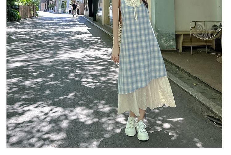 Spaghetti Strap Plaid Mock Two-Piece Maxi Sundress