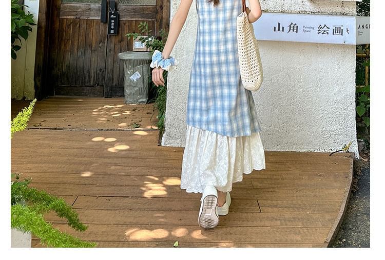 Spaghetti Strap Plaid Mock Two-Piece Maxi Sundress
