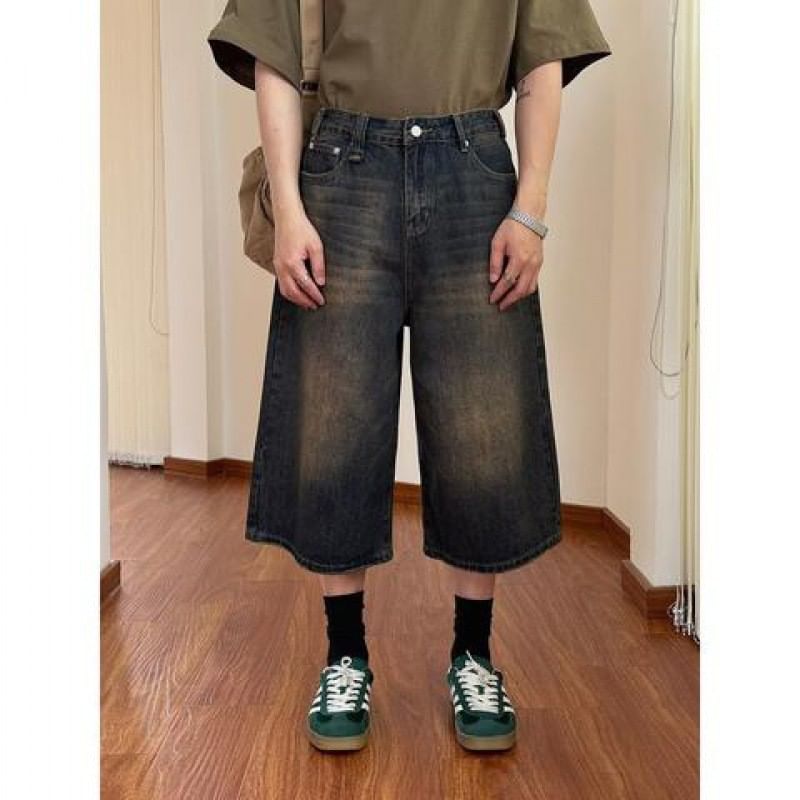 High Waist Washed Wide Leg Capri Jeans