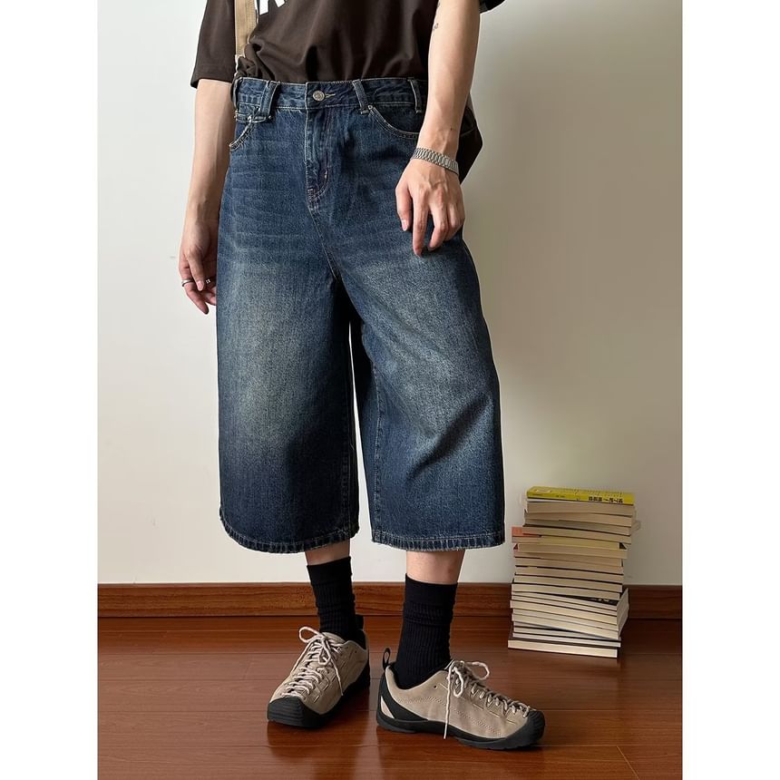 High Waist Washed Wide Leg Capri Jeans