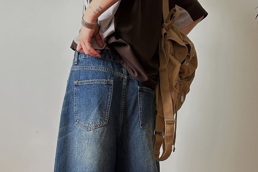 High Waist Washed Wide Leg Capri Jeans