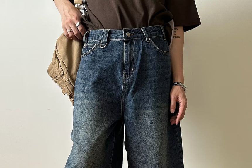 High Waist Washed Wide Leg Capri Jeans