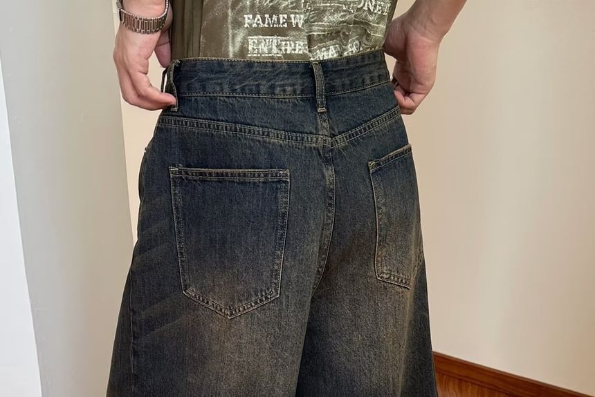 High Waist Washed Wide Leg Capri Jeans