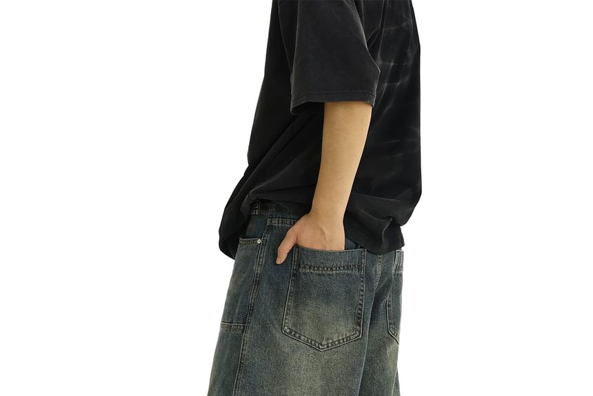 Mid Rise Washed Capri Wide Leg Jeans