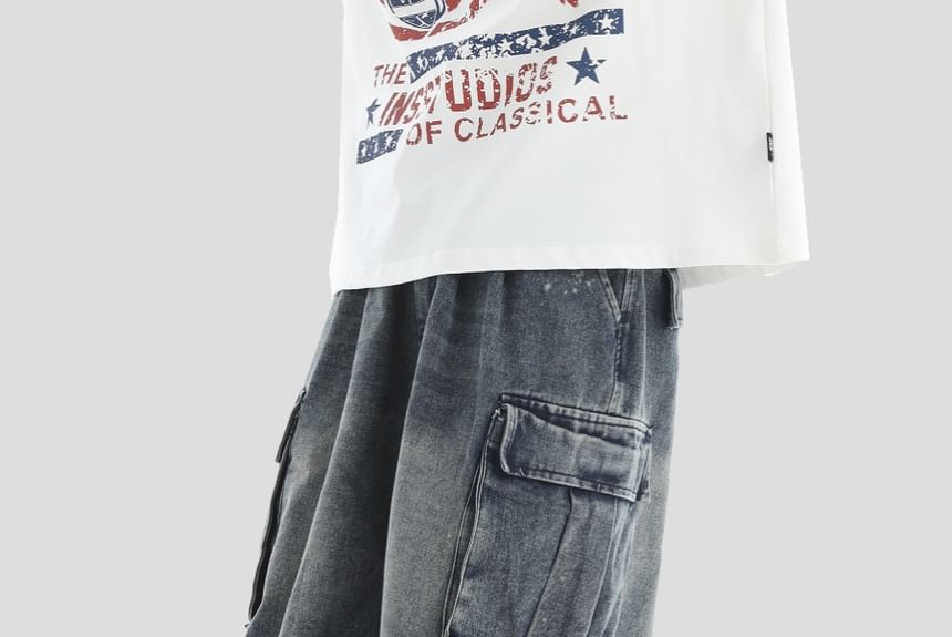 Mid Rise Washed Ruched Capri Wide Leg Cargo Jeans