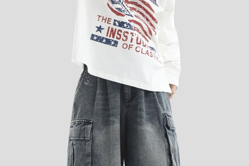Mid Rise Washed Ruched Capri Wide Leg Cargo Jeans
