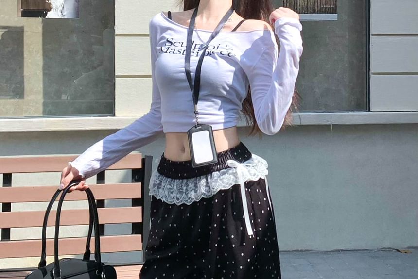 Elastic Waist Dotted Ruffle Wide Leg Pants