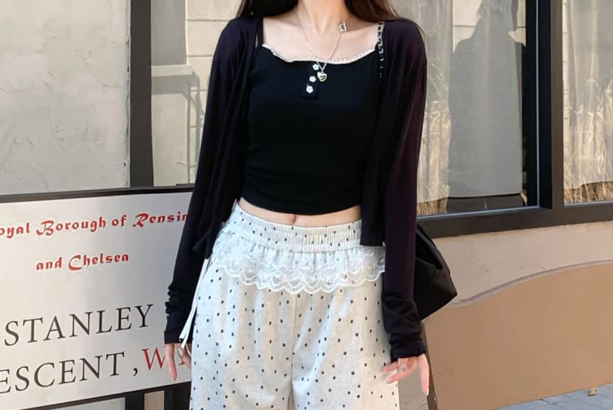 Elastic Waist Dotted Ruffle Wide Leg Pants