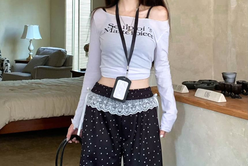 Elastic Waist Dotted Ruffle Wide Leg Pants