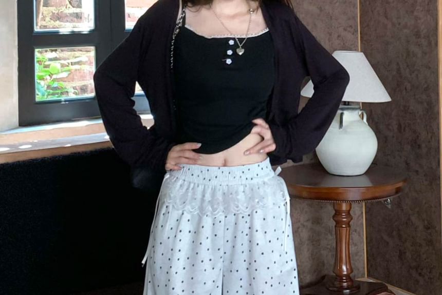 Elastic Waist Dotted Ruffle Wide Leg Pants