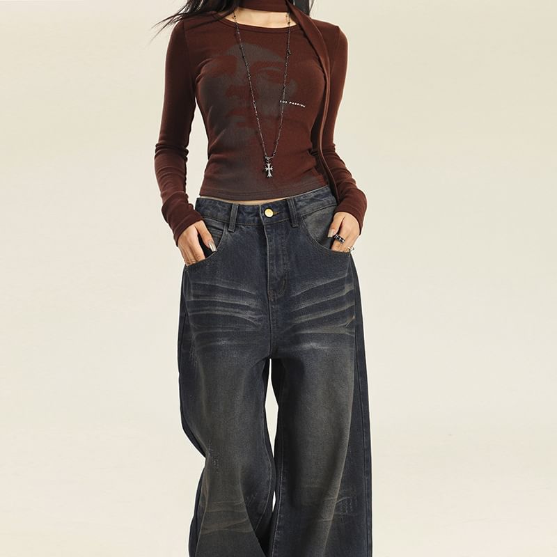 High Rise Washed Wide Leg Jeans (Various Designs)