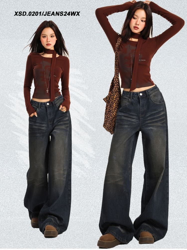 High Rise Washed Wide Leg Jeans (Various Designs)