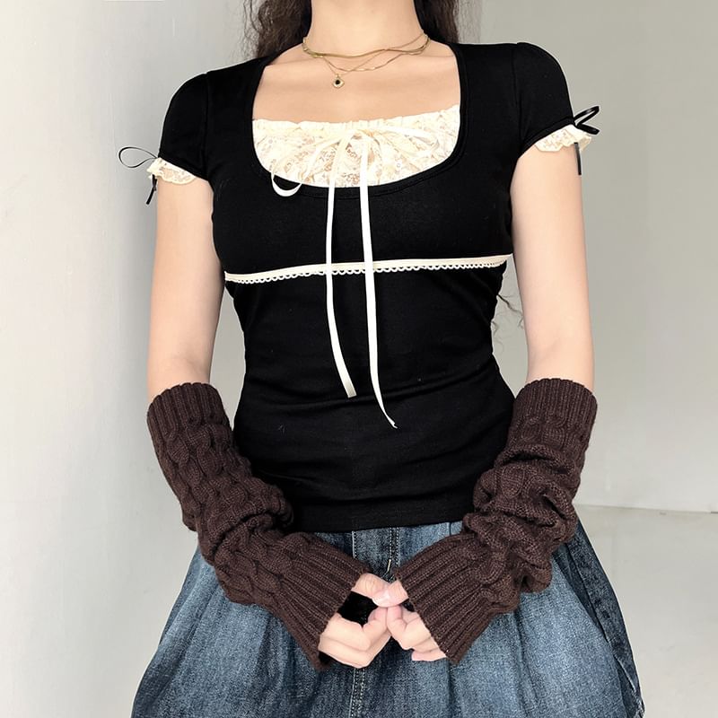 Short Sleeve / Long Sleeve Mock Two Piece Lace-Panel Tie-Front Crop Top