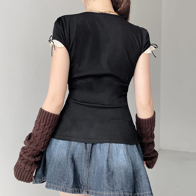 Short Sleeve / Long Sleeve Mock Two Piece Lace-Panel Tie-Front Crop Top