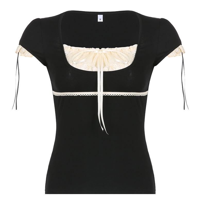 Short Sleeve / Long Sleeve Mock Two Piece Lace-Panel Tie-Front Crop Top