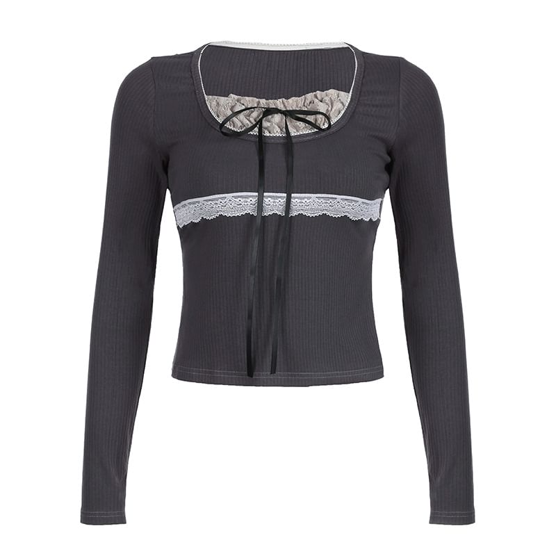 Short Sleeve / Long Sleeve Mock Two Piece Lace-Panel Tie-Front Crop Top