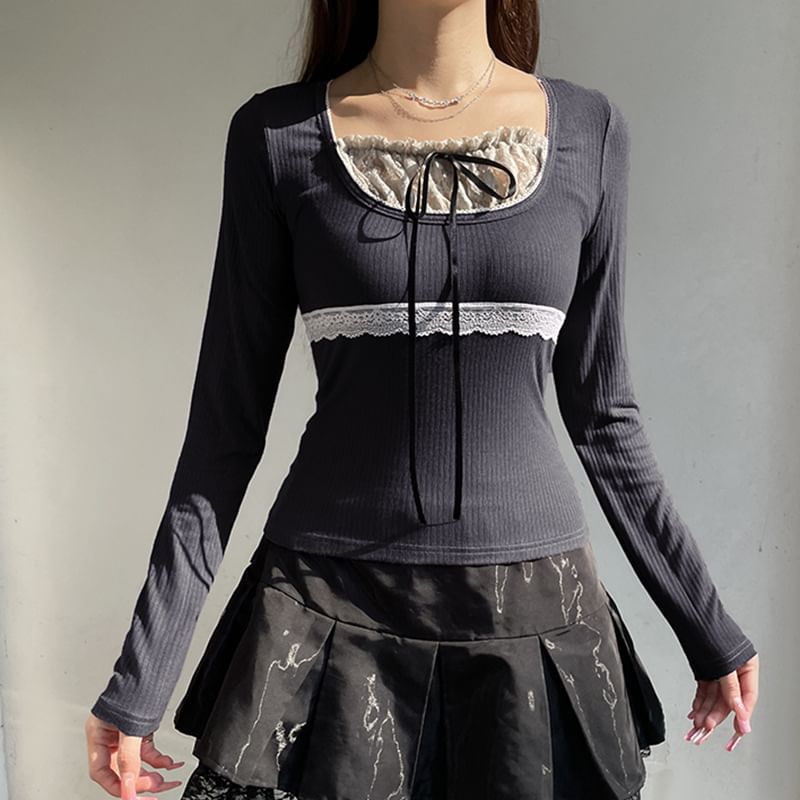 Short Sleeve / Long Sleeve Mock Two Piece Lace-Panel Tie-Front Crop Top