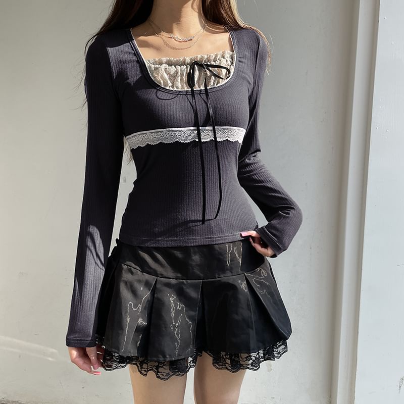 Short Sleeve / Long Sleeve Mock Two Piece Lace-Panel Tie-Front Crop Top