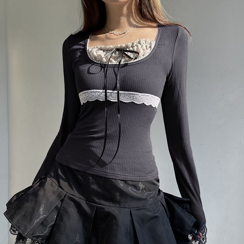 Short Sleeve / Long Sleeve Mock Two Piece Lace-Panel Tie-Front Crop Top