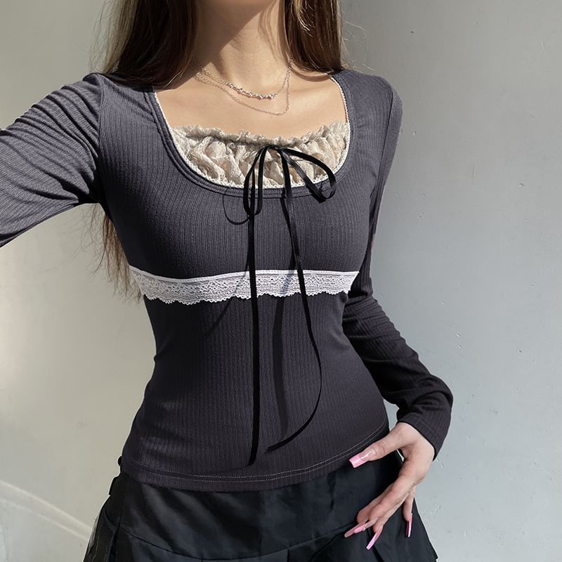 Short Sleeve / Long Sleeve Mock Two Piece Lace-Panel Tie-Front Crop Top